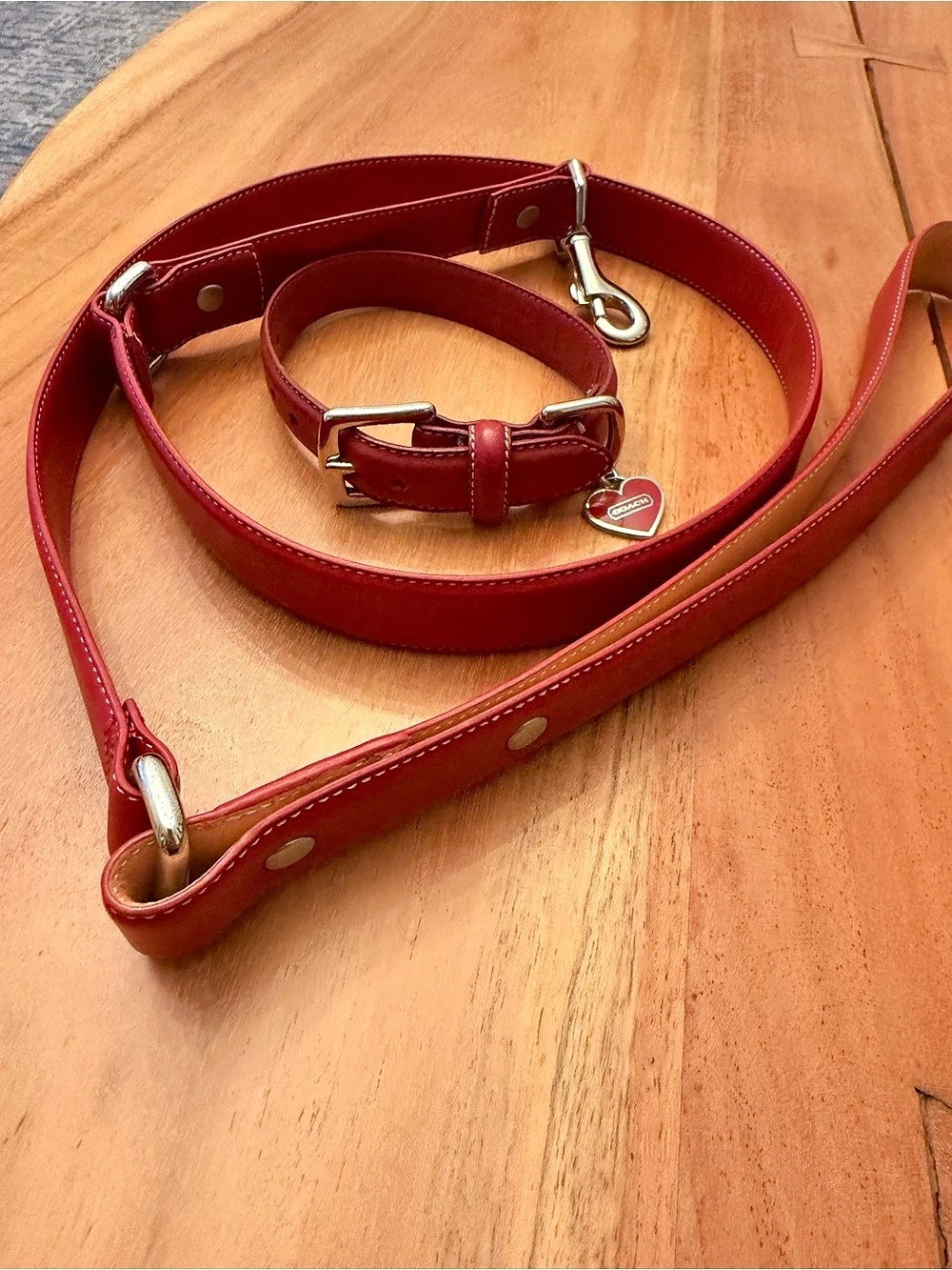 Vintage Coach Red Leather Dog Collar & Leash Set XS Heart Charm
